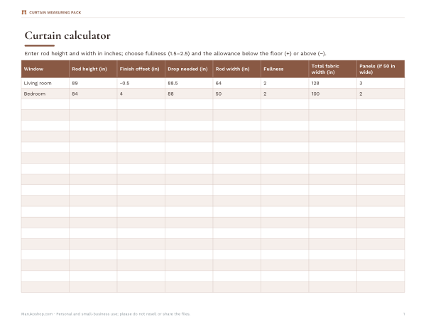 Preview of Printable Curtain Length Calculator