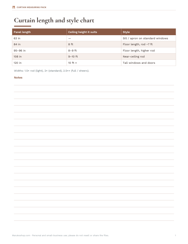 Preview of Printable Curtain Length Chart